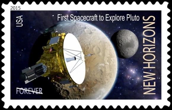 Concept art for a New Horizons postage stamp. Image Credit: Dan Durda/Southwest Research Institute
