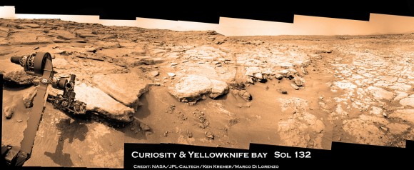 Curiosity touches Yellowknife Bay Sol 132 arm 1a_Ken Kremer