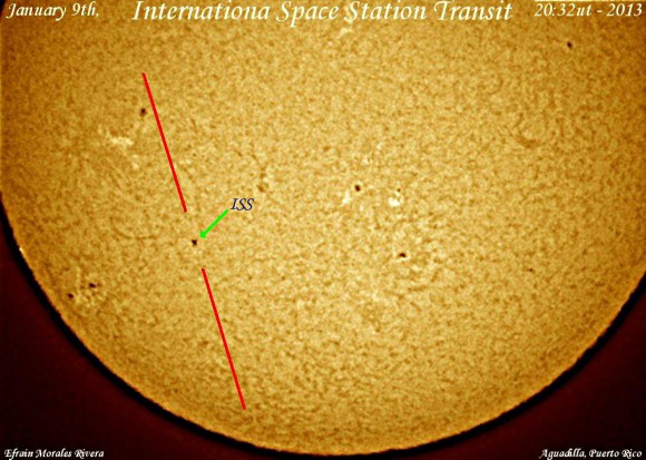 The International Space Station Transiting across the disc of the Sun on January 9, 2013. Credit: Efrain Morales