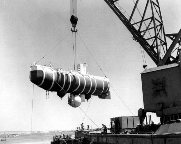 A view of the Bathyscaphe Trieste in 1959. (U.S. NHHC)