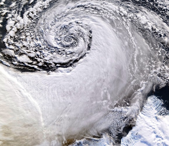 Satellite image of a cloud vortex off the coast of Greenland (NASA/MODIS/Chelys)