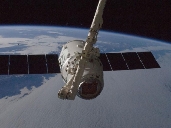 Capture of the Dragon during the October 2012 CRS-1 mission. (Credit: NASA/ISS).