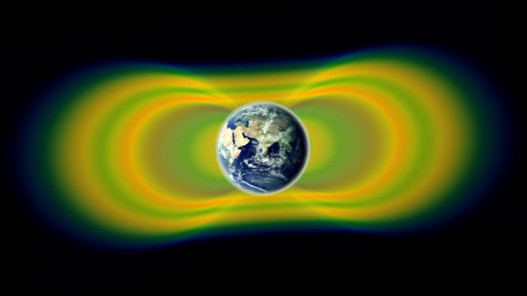 Two giant swaths of radiation, known as the Van Allen Belts, surrounding Earth were discovered in 1958. In 2012, observations from the Van Allen Probes showed that a third belt can sometimes appear. The radiation is shown here in yellow, with green representing the spaces between the belts. Credit: NASA/Van Allen Probes/Goddard Space Flight Center