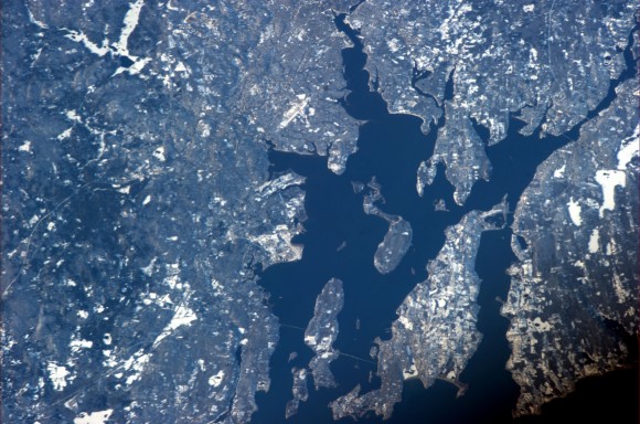 View of Rhode Island from the ISS, captured by Expedition 34 Commander Kevin Ford. Providence is just past the top center edge. (NASA)