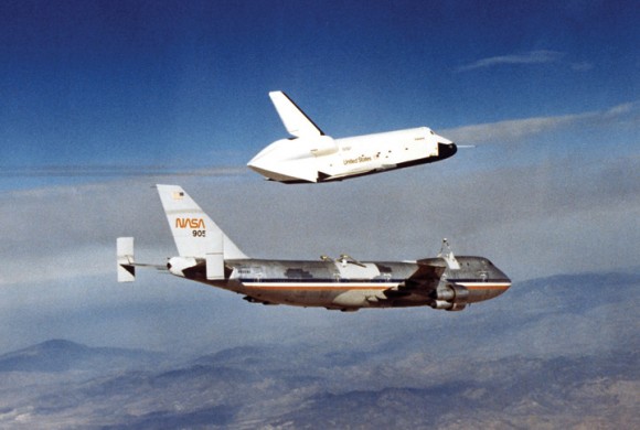 Space shuttle Enterprise soars during its first of five free flights. Credit: NASA