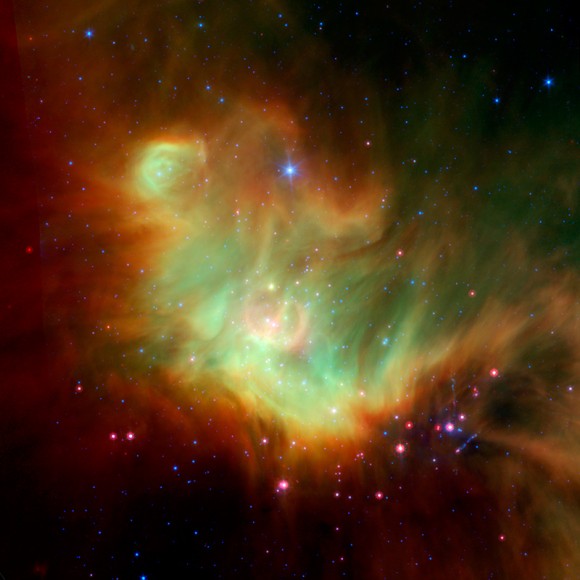 Star-forming Region IC 348 Around Protostar LRLL 54361. Credit: Credit: NASA, ESA, J. Muzerolle (STScI), E. Furlan (NOAO and Caltech), K. Flaherty (University of Arizona/Steward Observatory), Z. Balog (Max Planck Institute for Astronomy), and R. Gutermuth (University of Massachusetts, Amherst)