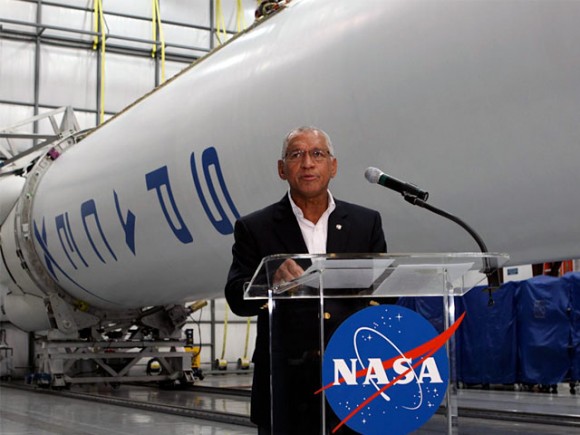 NASA Administrator Charles Bolden addresses the media at SpaceX's main hangar in Cape Canaveral, FL. The sequester will affect both NASA and SpaceX. Credit: NASA.