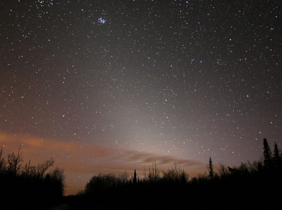 Zodical light touching the Seven Sisters star cluster also known as the Pleiades March 19, 2012. Credit: Bob King