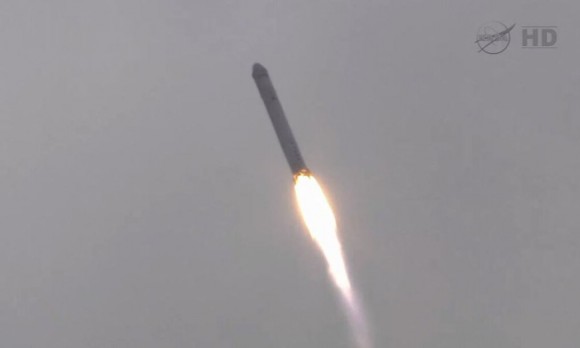 Screenshot from NASA TV of the launch of the Falcon 9 rocket carrying the Dragon capsule for a resupply mission to the International Space Station.